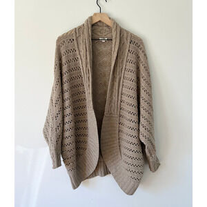 Garnet Hill 100% Extrafine Merino Wool Loose Knit Open Front Cardigan Tan